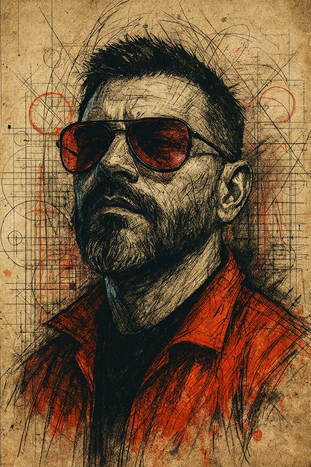 Illustrated portrait of Renan Tonheiro in sunglasses and an orange shirt, on textured paper.